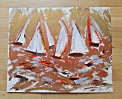 Original Painting Sailboats in Bronze, copper, silver and gold tones