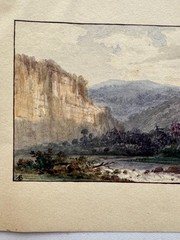 Small Antique 19th Watercolor European Century Painting Landscape Signed 4×5.25