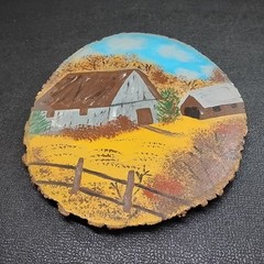 Vintage J. Smith 1988 Hand-Painted 14″ Oval Wood Log Slice Barn Farm Scene