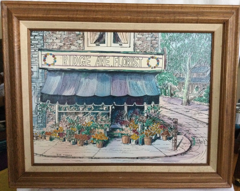 Vintage Canvas Picture Ridge Avenue Florist Street Scene Wood Frame Eve Turner