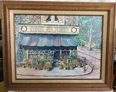 Vintage Canvas Picture Ridge Avenue Florist Street Scene Wood Frame Eve Turner