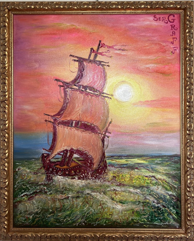 Original Oil Painting on Canvas by Serg Graff, „Ship“ Sunset Sea Ocean, COA