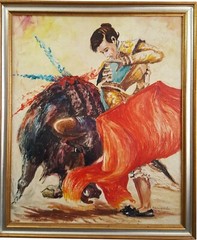 Stunning Bull Fight Matador Original Oil Painting on Board by Marjorie Kubala