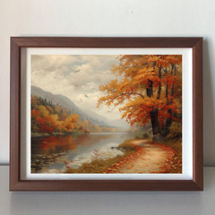 Vintage Fall Landscape Wall Art – Rustic Autumn Forest Oil Painting Print – Coun