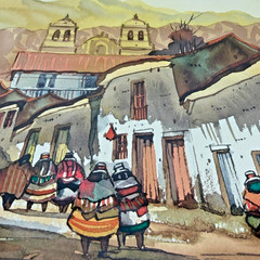 VTG Andean Peru Village Scene Watercolor Painting Signed Original 17.5×14.5
