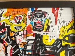 BASQUIAT Drawing and painting on antique wood, signed and sealed, framed in wood
