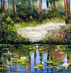 Summer Original Oil Painting Landscape Forest Lake Lilies Wall Art 6 x 6 in