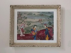 Vintage Chinoise Japanese Geisha Painting Tempura On Board, Lg Framed 35″X 29″