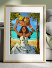 Tropical Island Girl with Fruit: Vibrant 18 X 24 Acrylic Painting on Paper