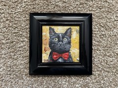 ORIGINAL OIL PAINTING BLACK CAT PORTRAIT HALLOWEEN CHRISTMAS SIGNED FRAMED 4×4