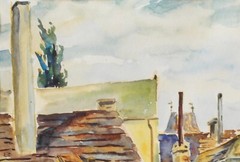 Country Cottages– Original Czech Watercolor, 1978, Rural Landscape Painting