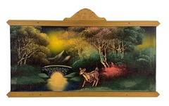 Black Velvet Painting Deer Stream Stone Bridge Moonlit Landscape Wood Frame