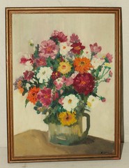 VINTAGE 21″ OIL PAINTING FLORAL FRUIT STILL LIFE FOLK ART SIGNED FRAME COUNTRY