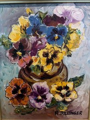 Oil Painting Pansies Renate Dollinger COA colorful floral Gold Ornate Frame