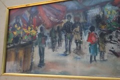 Vintage Rubi Roth framed oil pastel watercolor painting market scene 16.5″x31″