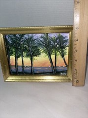Tropical Landscape Painting Coastal Seascape Palm Trees Ocean sailboats 7.5×6”