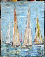 FOUR SAIL BOATS 8×10 oil painting card Panel original water signed Crowell