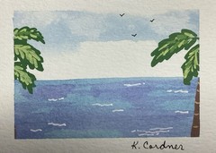 ACEO Original Painting, Ocean, Landscape, Palm Trees, Nature, Kimberly Cordner