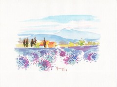 Lavender Field Landscape Watercolor Print Provence France Farmhouse 2003 Signed