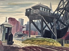 Antique Wpa Painting Cityscape American Street Car Urban Regionalism Industrial