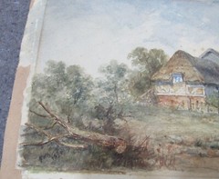 Antique 1894 signed watercolor painting landscape thatched cottage FWG 11×23″