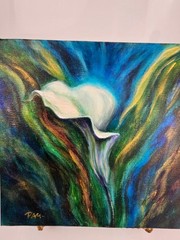 Original Painting and Hand Painted Glass Vase Set Calla Lily Signed Art