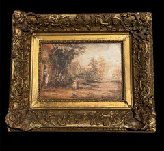 19th Century Italian Oil Painting outdoor scene dog and woman playing illegible