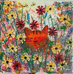 Original painting 8×8″ orange Cat and Flowers on canvas by Lynne Kohler