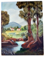 20″ Oil Painting Canvas Lea Mikel Americana Landscape Rustic Houses Decor #28