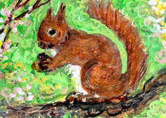 ORIGINAL ACEO Painting Red Squirrel Spring Wild Animal Landscape Flower ATC ART