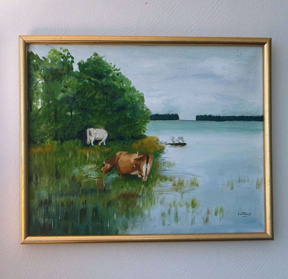 Vintage Acrylic Painting Landscape Cows Water 17”x 21” W / Frame 🌲💧🐮