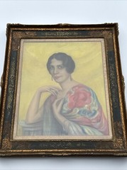 ANTIQUE ART DECO DRAWING PRETTY WOMAN FEMALE MODEL FLAPPER ORNATE FRAME 1920’S