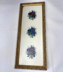 Floral Cross-Stitch Wall Art Gold Ornate Frame Trio of Pansy Flowers 14×6 Framed