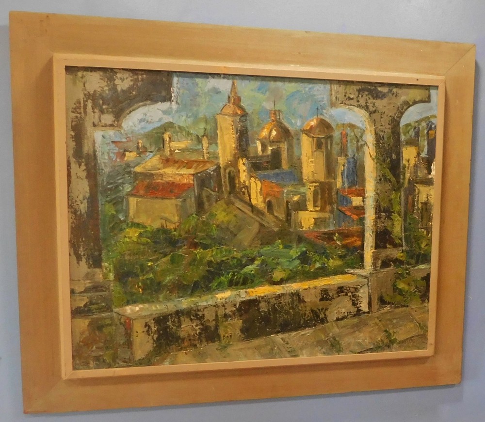 1950’s LRG Mid century Modern Abstract Cityscape Oil Painting Signed 35 x 29 in