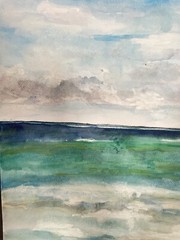 Original Watercolor Abstract Ocean/Beach-11×14 Unframed & Unique blue,tan,green