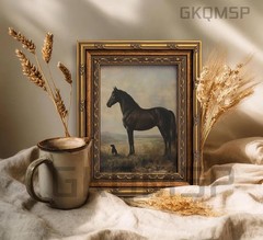 Vintage Horse Canvas Wall Art 9×11 Gold Frame Dog Painting Farmhouse Decor