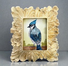 Blue Jay bird watercolor print in mini gold vintage style ornate frame