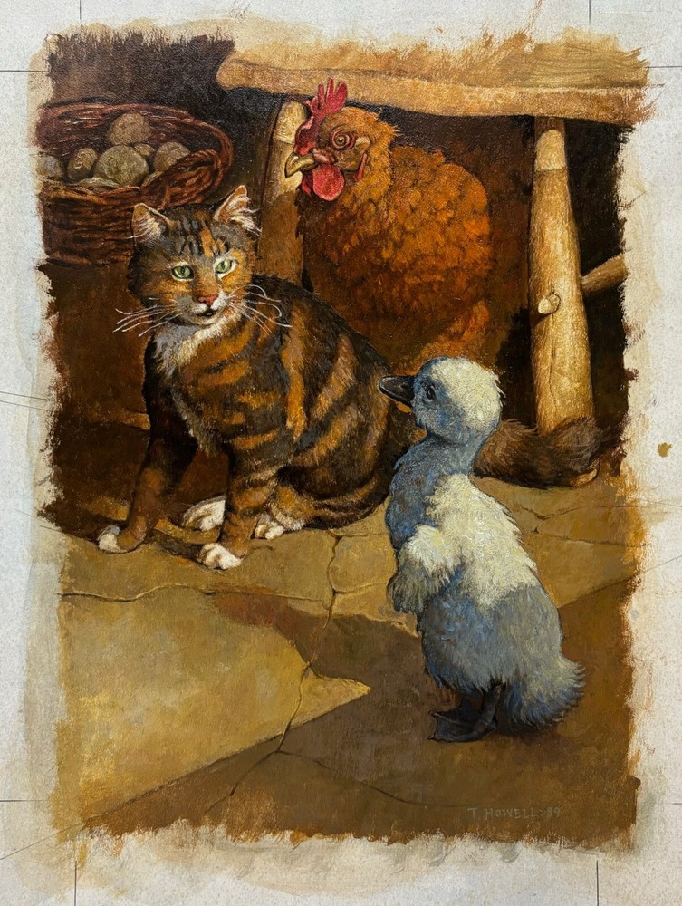 Original TROY HOWELL ‚Ugly Duckling‘ CAT Chicken Duck BOOK Illustration PAINTING