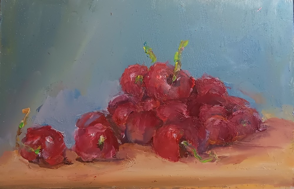 art, cherries, oil painting, 6 by 8 inches, daily painting, swampfoxart
