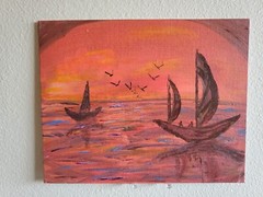 Handmade Painting Acrylic Art Panel 8x10x1/16in Decor Sunset Two Boats Sailboat