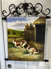 Farmhouse wall Decor vintage hand-painted Oil, Rabbits Farm Scene Cottage-core
