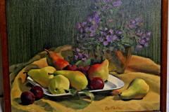 VINTAGE 21″ OIL PAINTING FLORAL FRUIT STILL LIFE FOLK ART SIGNED FRAME COUNTRY
