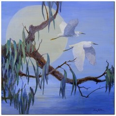 Egret Pair in Flight by Zittin Gallery-Wrapped Canvas Giclee Art (18 in x 18 in)