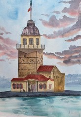 Kiz Kulesi Maiden’s Tower Instanbul Original Watercolor Paintin Landscape 11*16