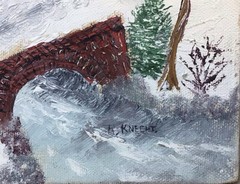 American mid 20thc Vintage Oil Painting Naïve Folk Art Winter Landscape 20×16