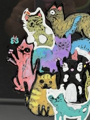 Hand Painted Whimsical Cartoon Cats Puff Paint On Glass Framed Wall Art 11×8.75”