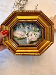 Framed Swan Oil Painting: Small Vintage Style Wall Art