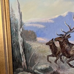 Original Oil On Canvas Painting Of 4 Elk Running From Hunters By Bill Chappell