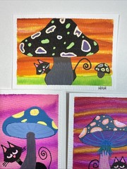 ACEO Set Of 3 Mixed Medium Mini Paintings Abstract Cats With Big Mushrooms