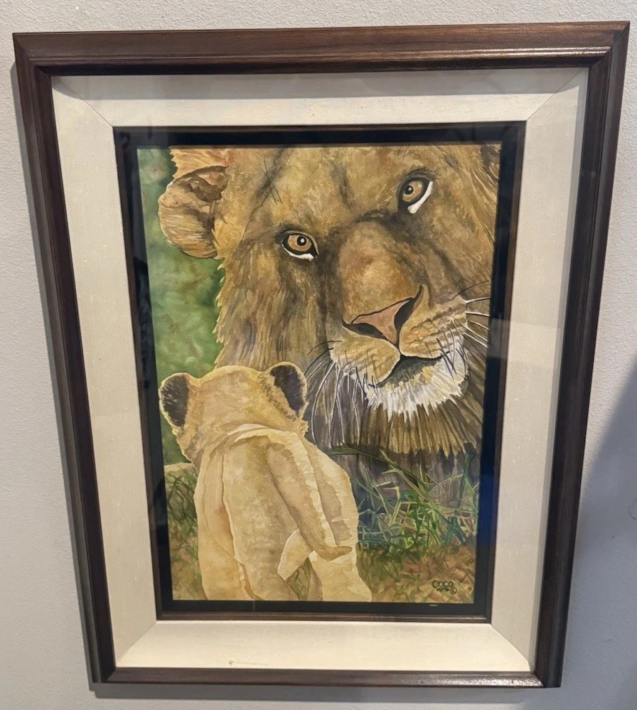 Lion Watercolor Painting Framed and Matted Signed by Artist